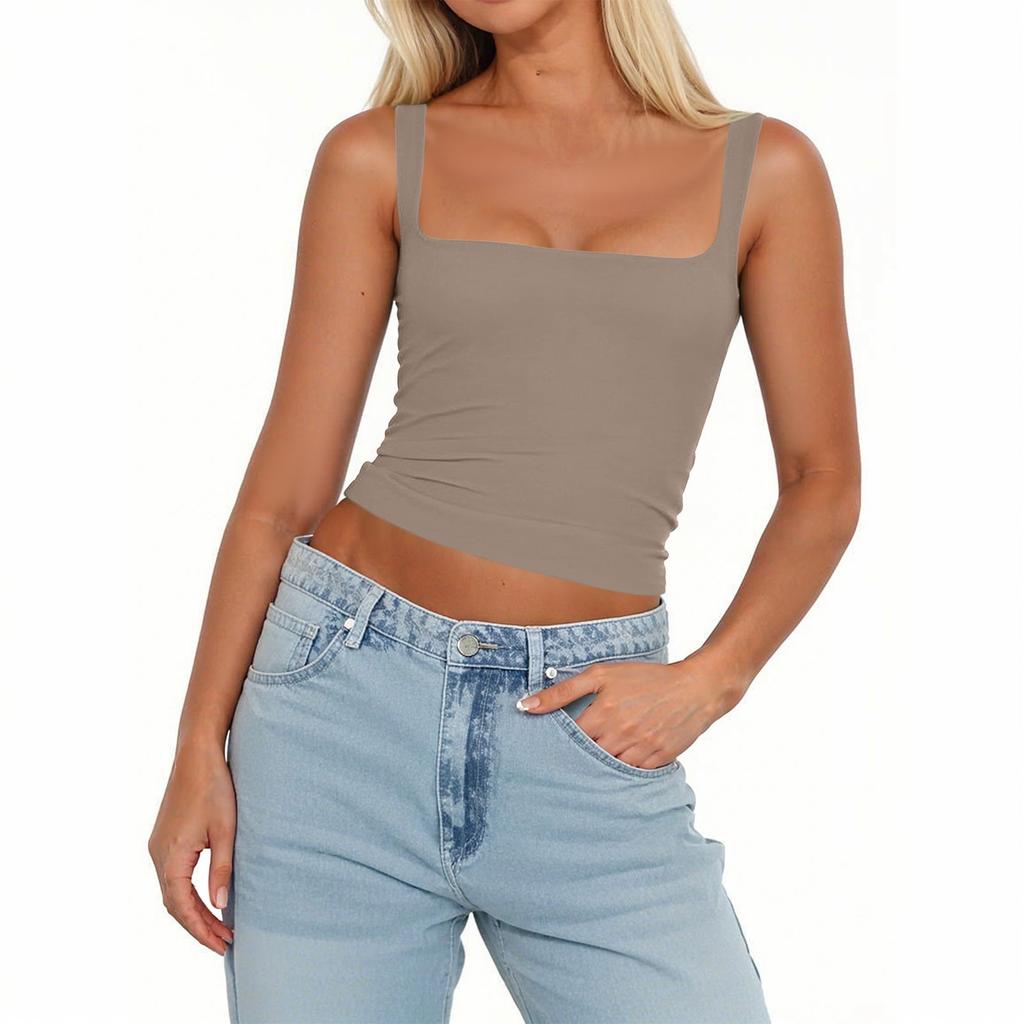 Женская мода без рукавов квадратный вырез сексуальный тонкий жилет однотонный пуловер топ