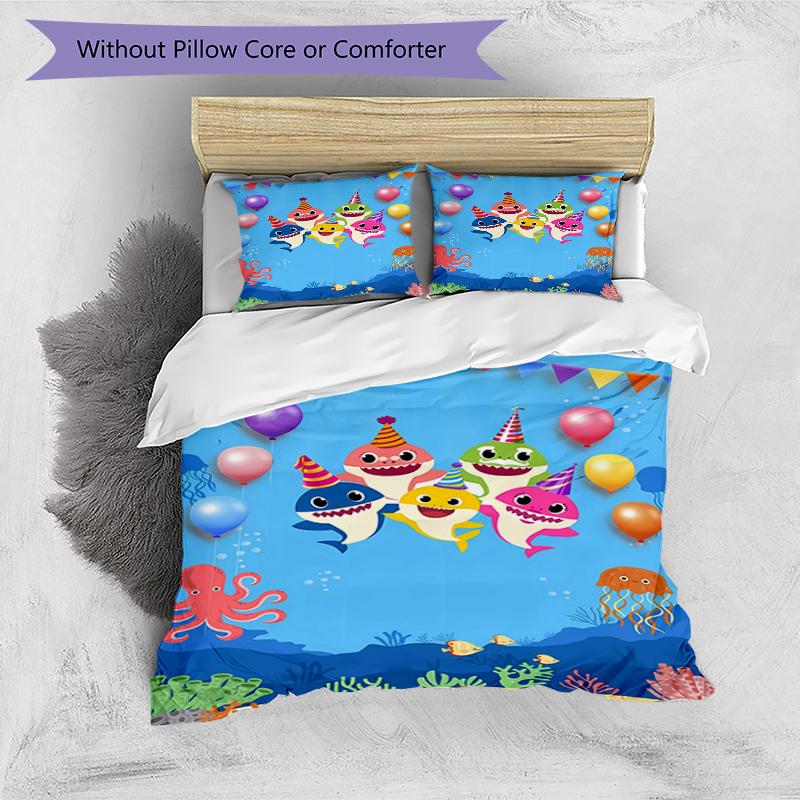 3pcs Pinkfong Shark (3) Design Cover Set - HD Printed Bedding with 1 Cover and 2 Pillowcases - Perfect for Home and Dorm Decor