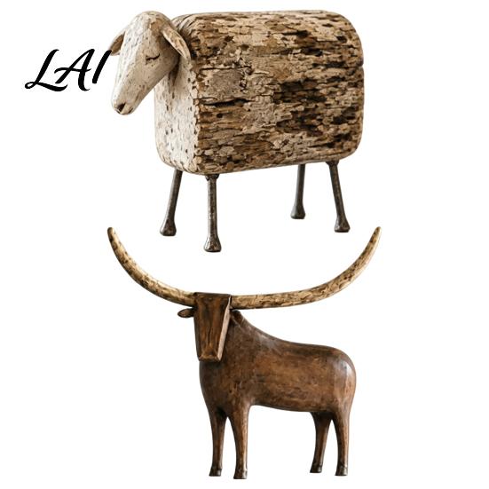 Country Cabin Decorative Objects Vintage Longhorn Bull/Sheep Sculpture Rustic Farmhouse Animal Figurine Western Style Unique Sculpture for