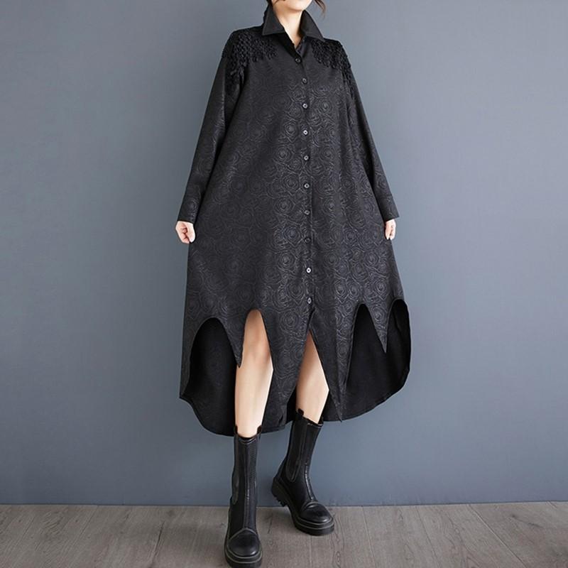 Длинный рукав Большие размеры жаккард черный винтажный цветочный новый в платьях для женщин повседневный свободный весна осень рубашка платье