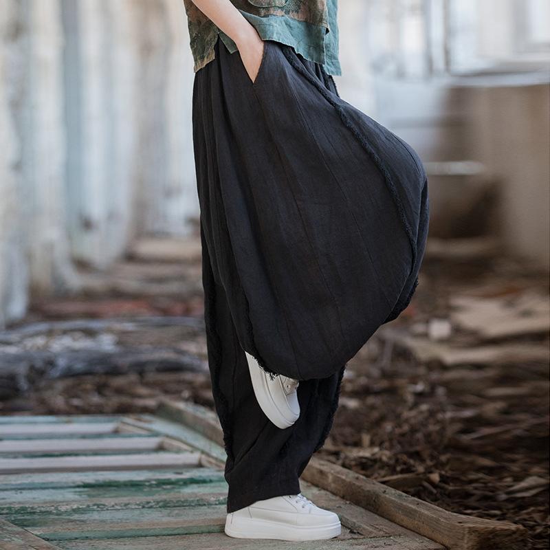 Women Vintage Ramie Pants Solid Color Loose Ramie Trouser Spring Elastic Waist Pockets Women Long Pants