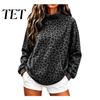 Women Casual Top Leopard Print Sweatshirt, Mock Neck Long Sleeve Pullover with Loose Fitting Clothes Kangaroo Pocket, Drop Shoulder for Fall