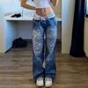 Women Jeans Mid Waist Irregular Individual Printing Retro Style Straight Wide Leg Patchwork Full Length Trousers for Vacation Work School