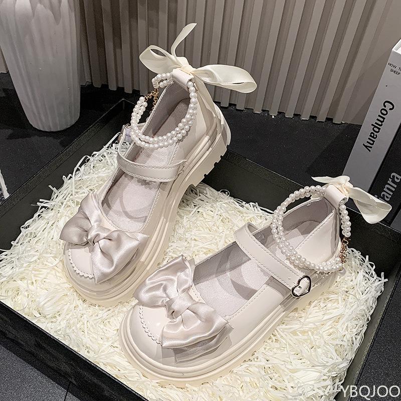 Fashion Thick Soled Shoes Women's Bow Round Toe Cute High Heels Spring New Versatile Elegant Comfortable Small Leather Shoes