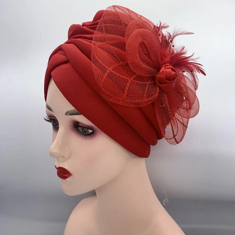 Feather Flower Ruffle Turban Caps for Women