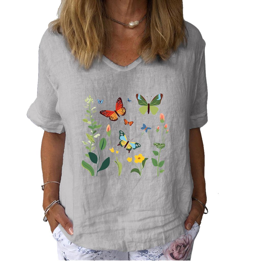 Женская мода льняная рубашка с принтом кота, летняя повседневная блузка с круглым вырезом и коротким рукавом, свободная блузка с принтом