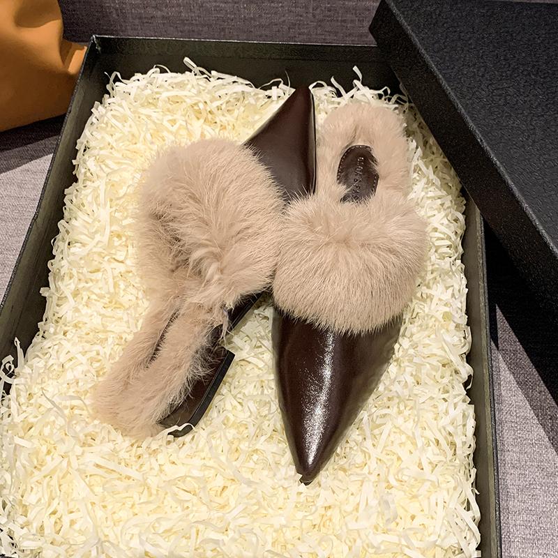 Fur Pointed Toe Slippers Women Mules Shoes Flats Woman 2025 Trend Winter Elegant Fashion Warm Dress Party Zapatillas De Mujer