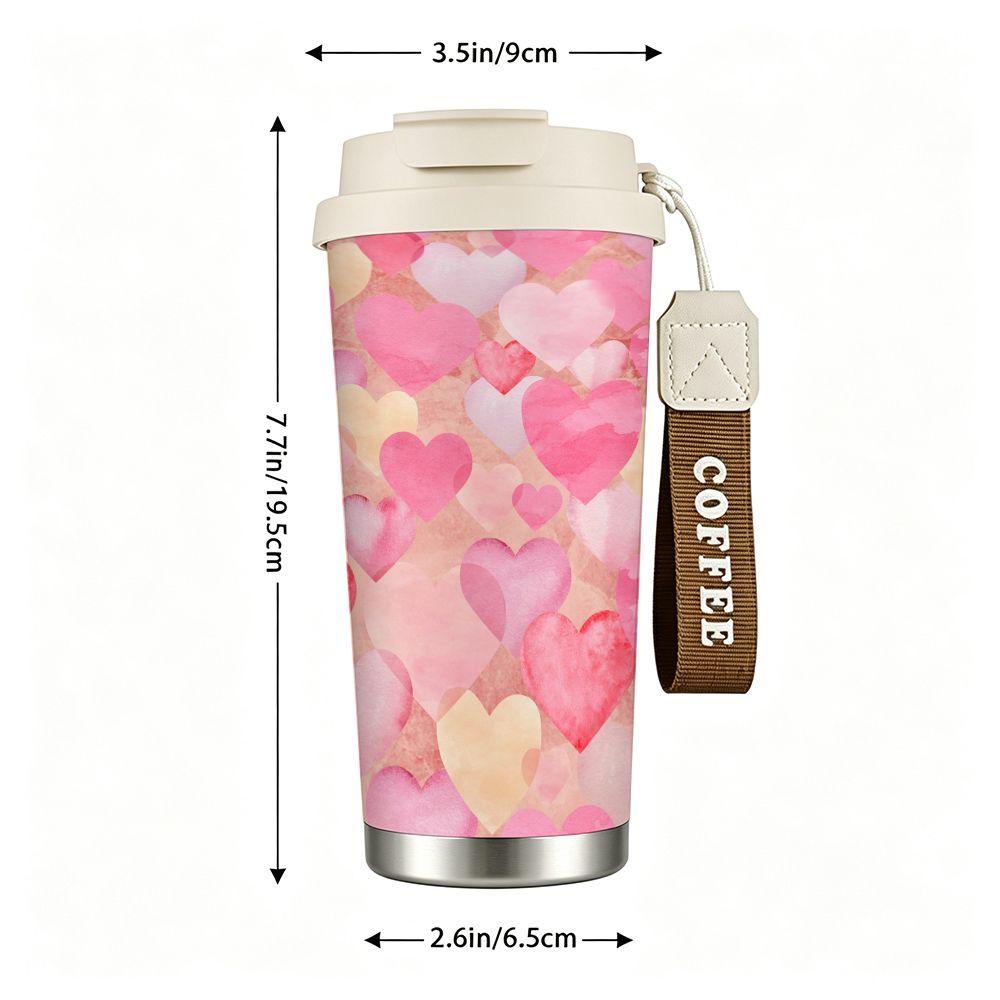 Cute Pink Watercolor Hearts Pattern Insulated Coffee Tumbler Double Walled Stainless Steel Travel Mug Reusable Cup for Office School Gift