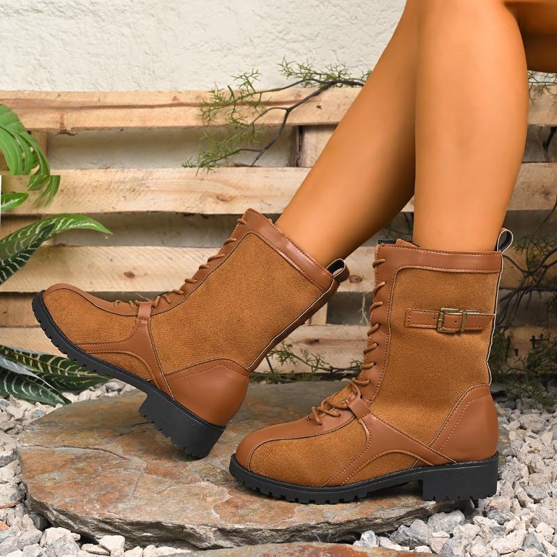 Women's Wide Width Mid-Calf Boots, Front Lace Up Roman Style Leather Boots, European Retro Casual Ankle Booties