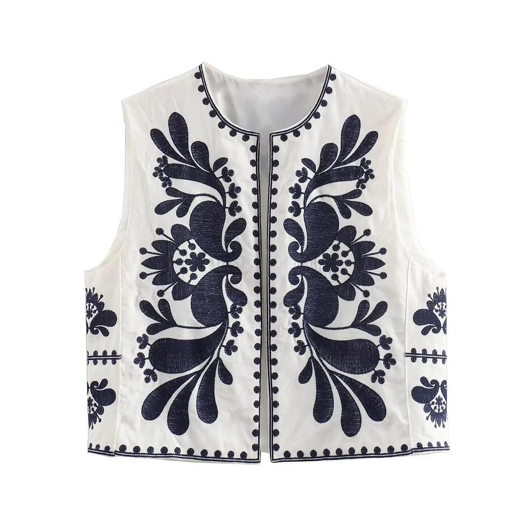 Woman Cropped Flower Embroidery Vest Vintage V Neck Sleeveless Cardigan Waistcoat Shirt Chic Summer Women's Clothing