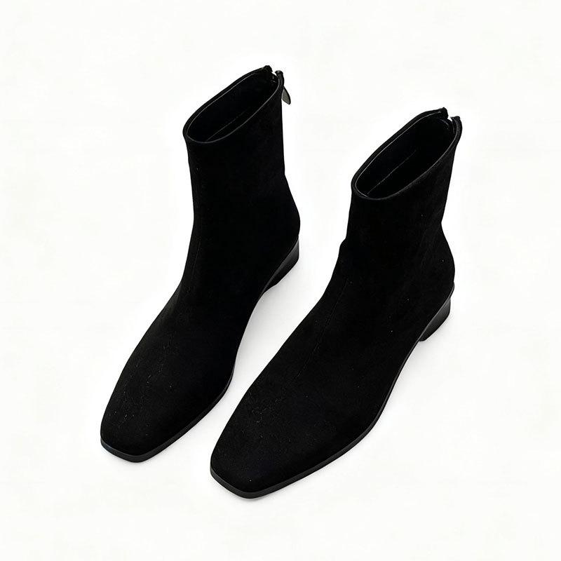 Маленькая квадратная голова бархатные тонкие ботинки осень и зима новые на низком каблуке короткие ботинки замшевые ботильоны задняя молния теплые модные ботинки