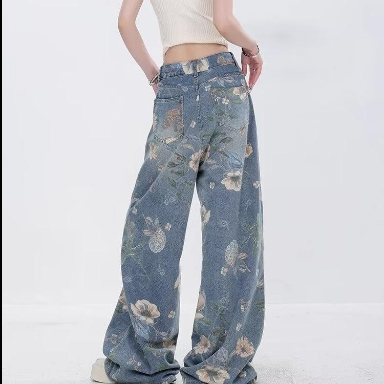Blue Printed Wide-Leg Denim Pants - Summer 2024 Women's Retro Trousers