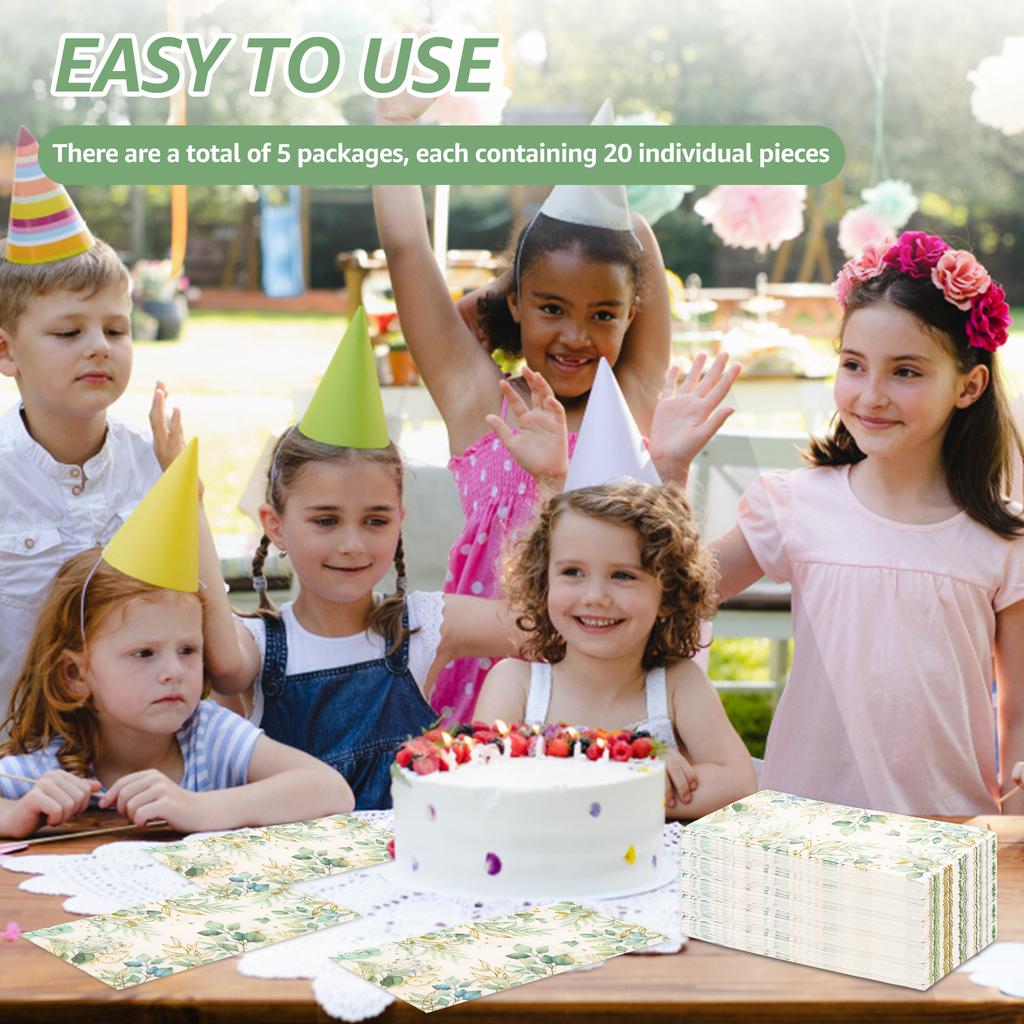 100Pcs Eucalyptus Leaf Printed Paper Napkins Wedding Banquet Party Guest Paper Towel Hotel Western Restaurant Table Decoration