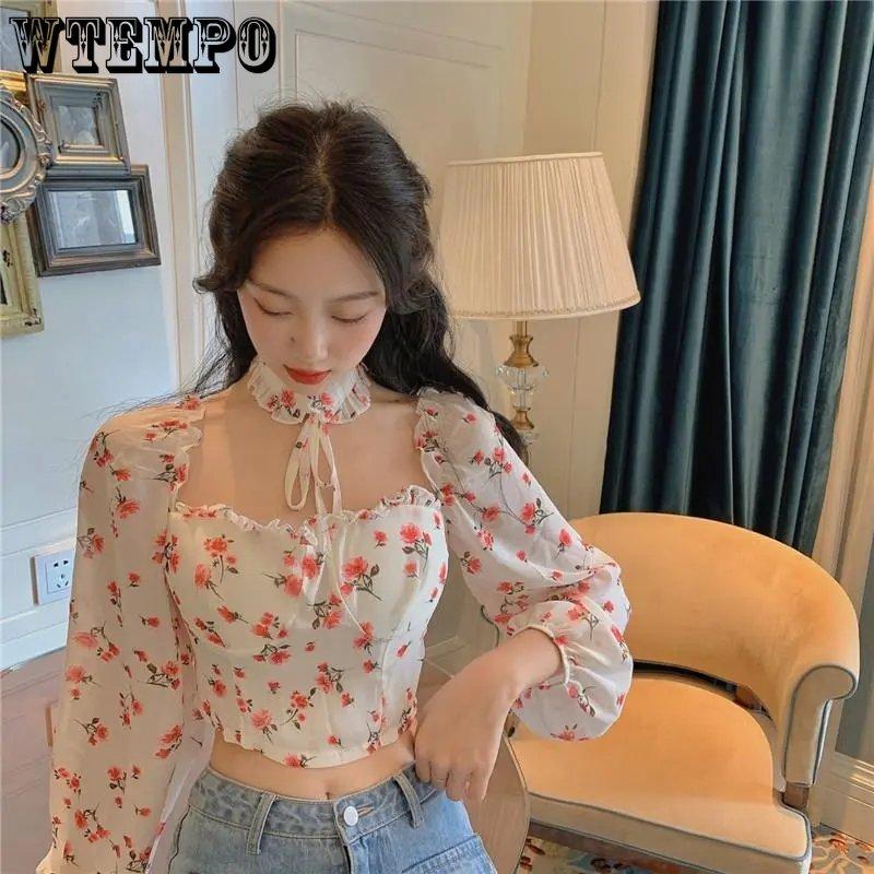 WTEMPO Y2K Floral Printed Blouses Women Tunic Chiffon Cropped Tops Spring Sweet Vintage Casual Holiday All-Match Girl's Shirts