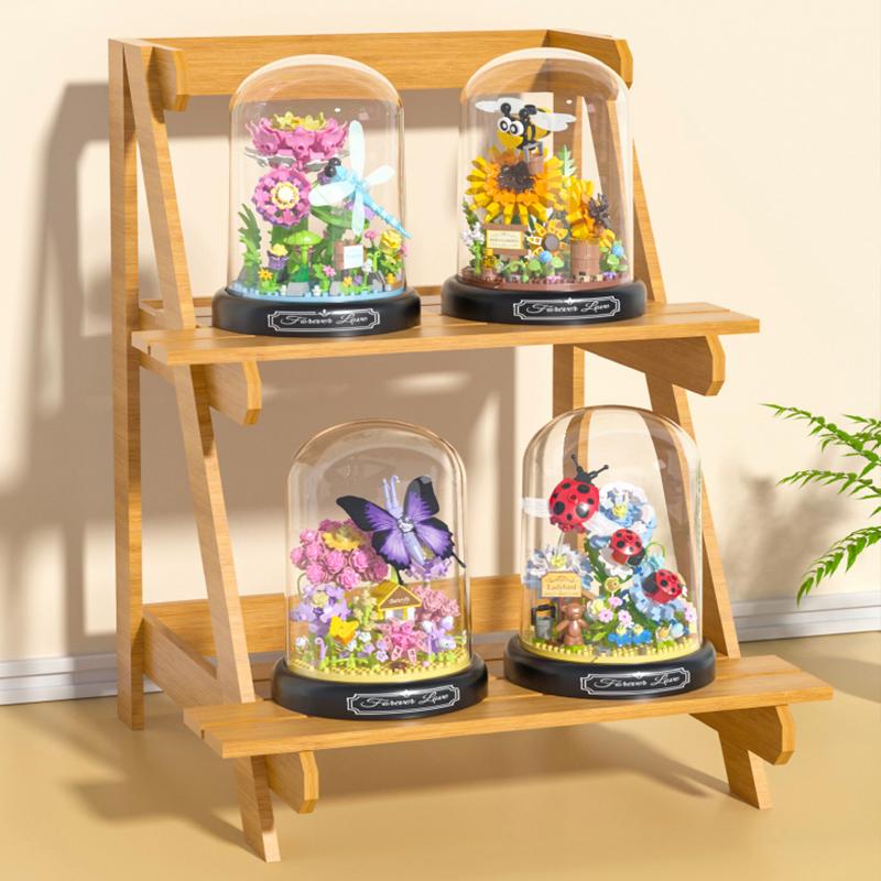 Insect Plant Potted Model Building Blocks Set Bee Butterfly Flower Bonsai Bricks With Dust Cover Diy Toys For Kids Holiday Gifts