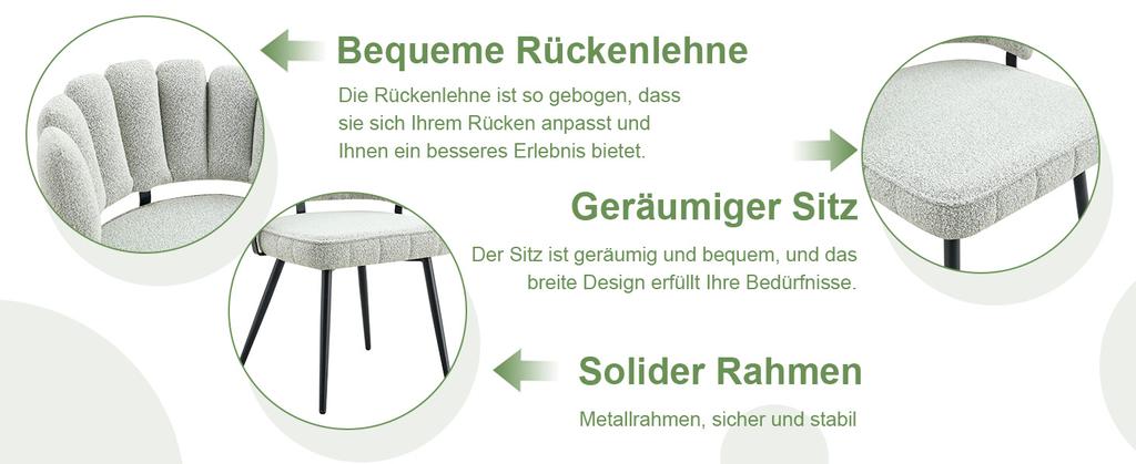 Table and chair set. Round 107 cm dining table in walnut look, double storage + 2 cream-grey fabric chairs with flower-shaped backrest made of bouclé.