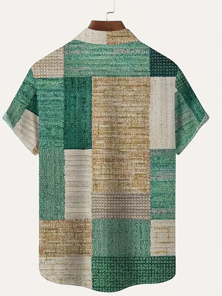 Мужская рубашка с коротким рукавом из винтажного геометрического коврового твила с 3D-цифровым принтом и карманом на пуговицах, 100% полиэстер, летняя повседневная