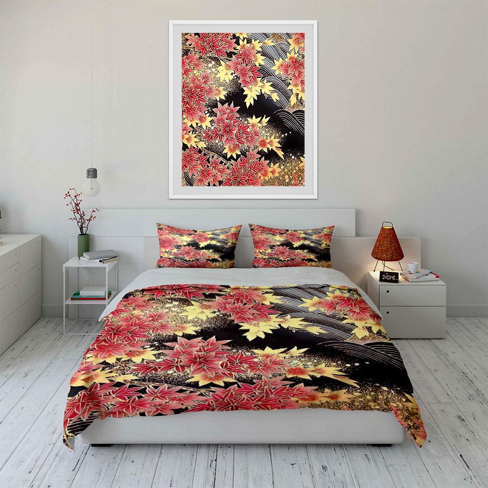 Japanese Maple Pattern Decor Set Bedding Set with 1 Duvet Cover 2 Pillowcases Single Double King Queen, Gift