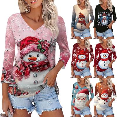 Рубашка для женщин, модная, повседневная, с V-образным вырезом, рукавом 3/4, свободная, с рождественским принтом, женская футболка, топ