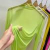 Perspective Transparent Mesh Bottom Shirt Women's Summer Long Sleeve Blouse Solid Gauze Sunscreen Clothing Ultra-thin Half High Collar Top