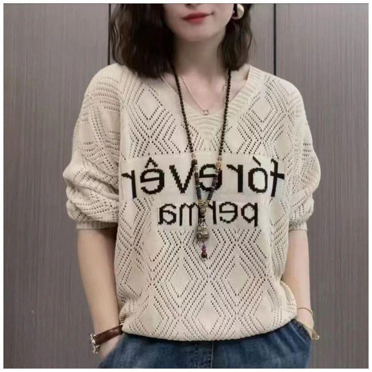 New Autumn Letter V-neck Long Sleeve Hollow Out Knit Sweater Loose Thin Top for Women