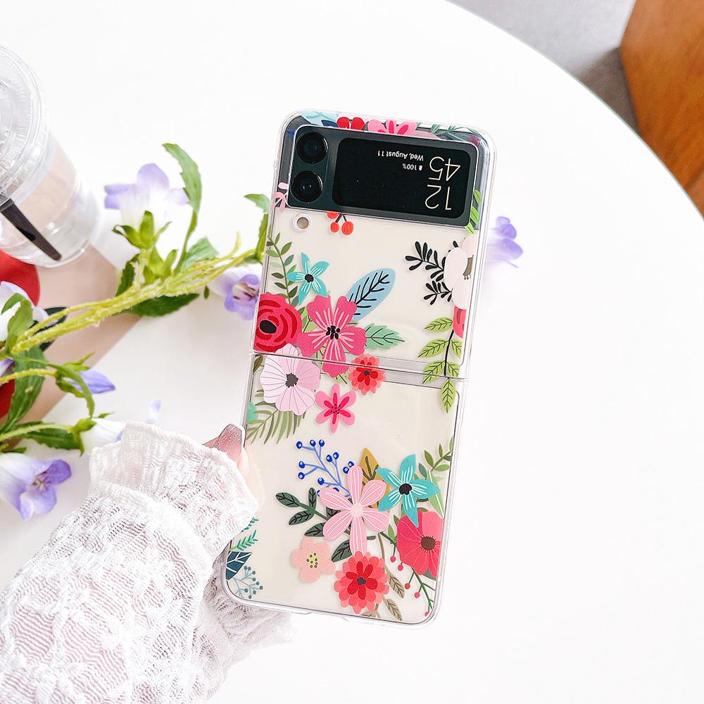 Чехол для Samsung Galaxy Z Flip 4 3, браслет с цветочной росписью, прозрачный противоударный чехол для ПК, твердая задняя крышка для Samsung Zflip 4 3, чехол