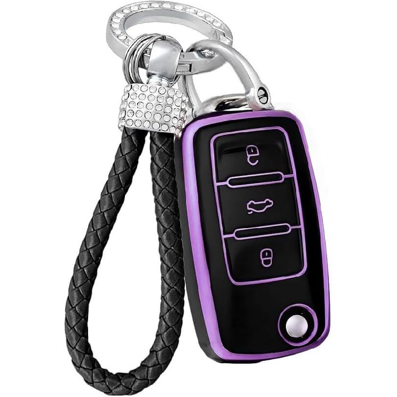 for VW Key Fob Cover with Keychain, Full Protection Key Fob Case Cover Fits for VW Volkswagen Jetta Beetle Tiguan Passat Polo Golf Car Accessories