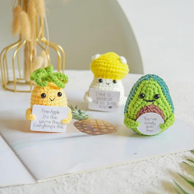 Positive Crochet Doll Knitted Animal Fruits with Affirmation Card Funny Handmade Gift Creative Table Ornaments Birthday Gift