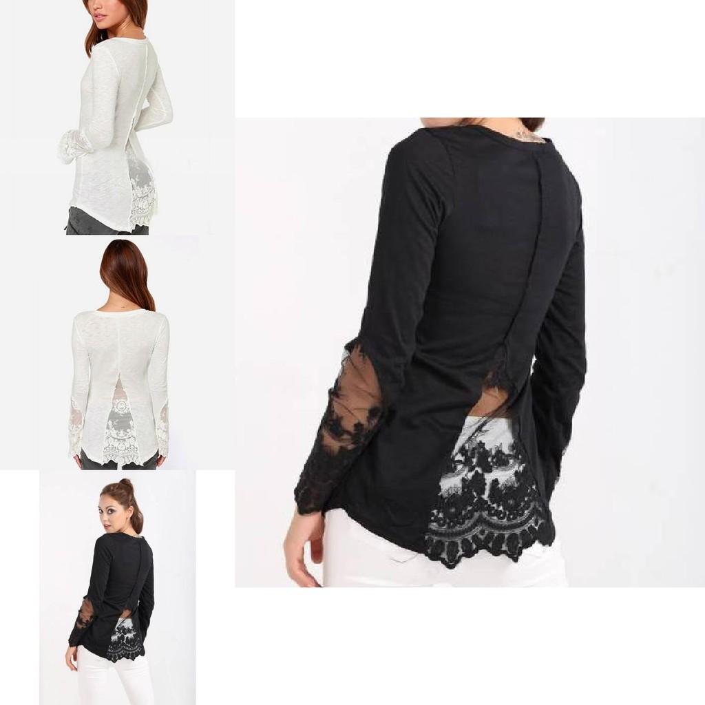 Elegant Lace Stitching Women's T-shirt Slim Fit Long Sleeve Cotton Top