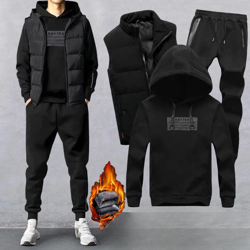 Three-piece Suit Men's Autumn and Winter Hooded Sweater Plus Velvet Clothes Vest Jacket Pants Sports Suit Men's Suit