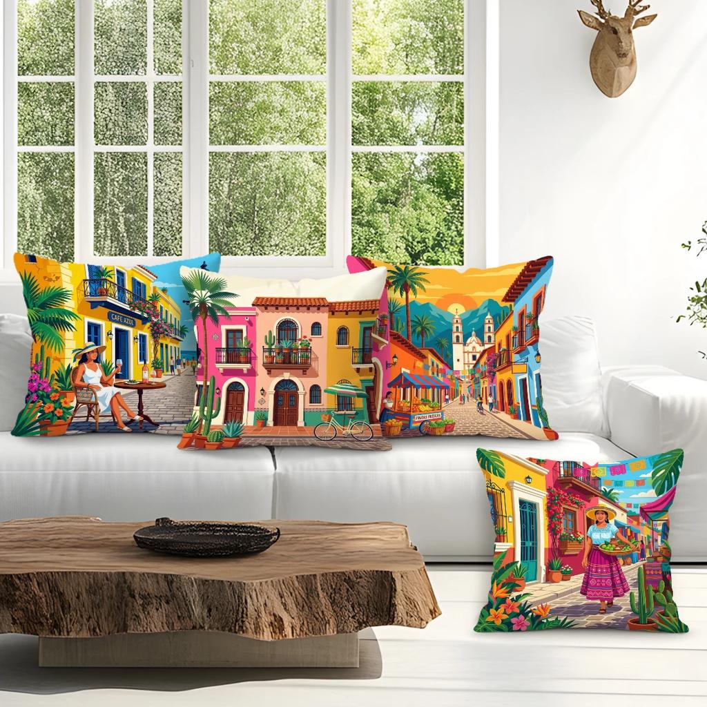 1,4 Pcs Mexican Retro Abstract Single-Sided Printed Pillowcase Cushion Cover,Suitable For Living Room,Bedroom,Car Decoration