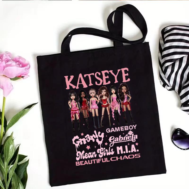 Katseye Kpop Merch Canvas Tote Bag Shoulder Handbag Shopping Bag Large Capacity Eco Friendly Fan Gift White