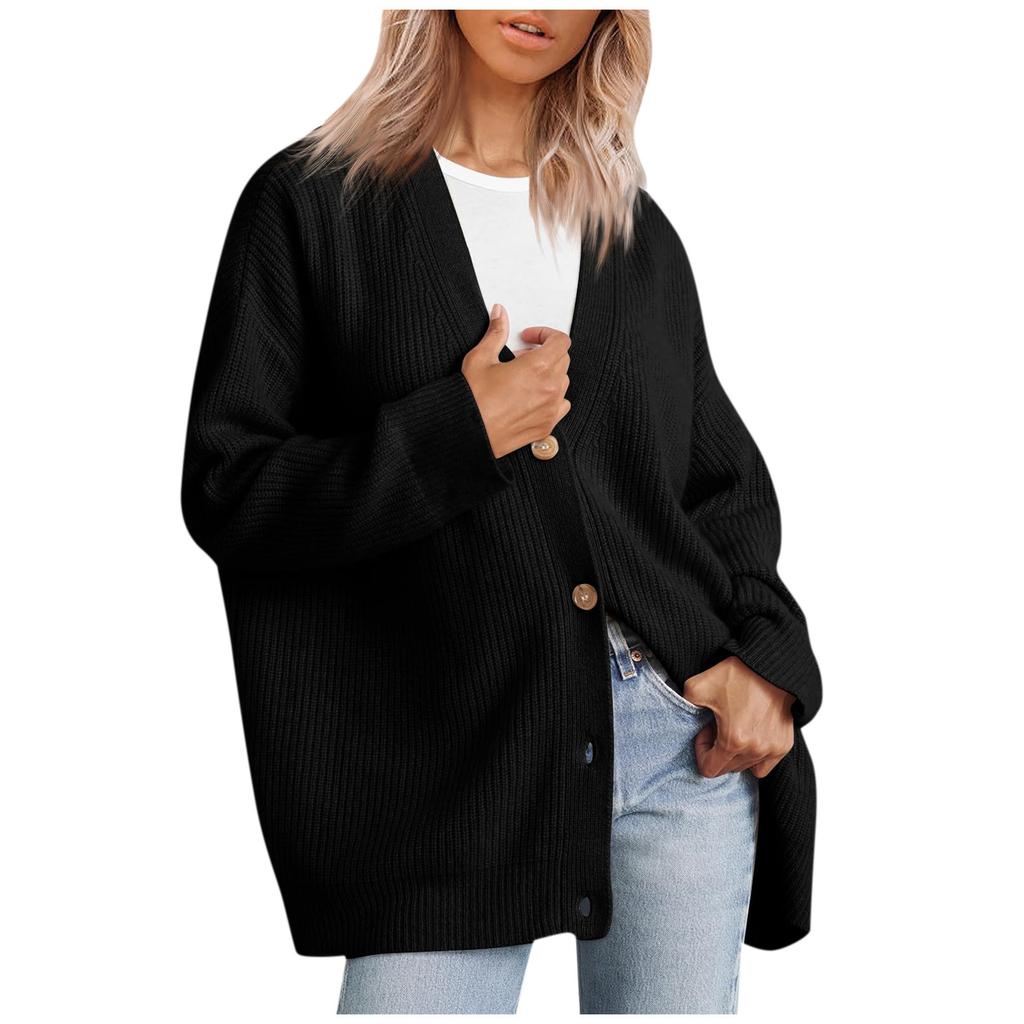 Women's Cardigan Front Oversized Button Lightweight Sweater V Neck Loose Cardigan Knitted Jacket