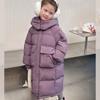 Girls Long Down Cotton Coat Over Knee Baby Winter Cotton Coat Fashionable Hooded Cotton Jacket
