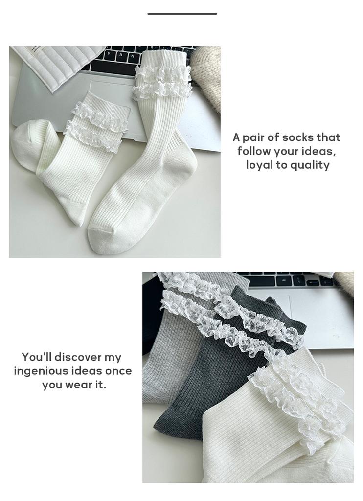 Double layered lace lace combed cotton pile socks for women in spring and autumn, comfortable, high elasticity, versatile, Japanese socks