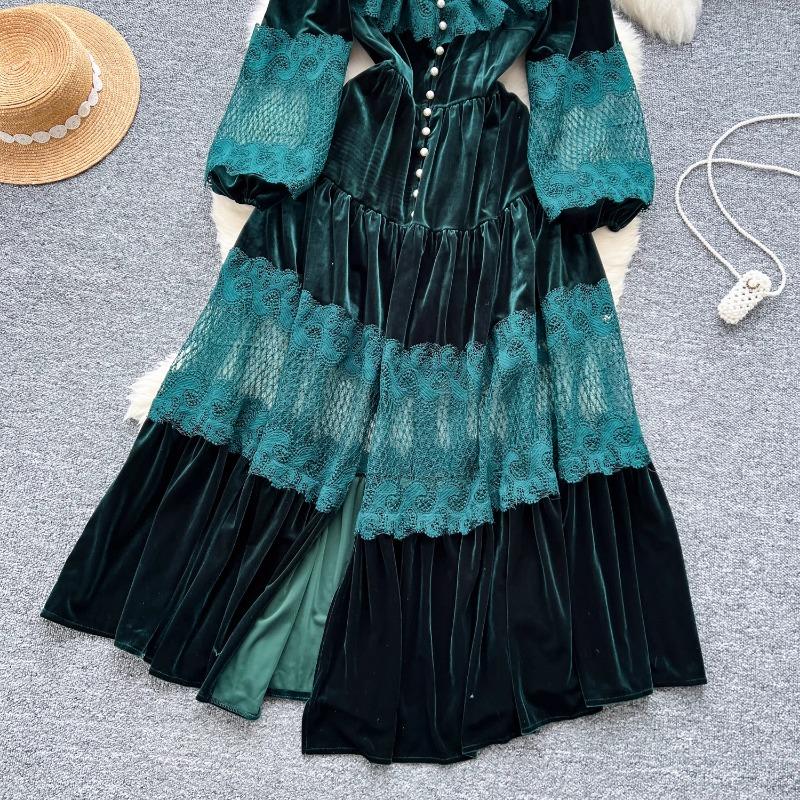 Платья High Street Женские ретро кружевные пэчворк золотые бархатные платья с французской жемчужной пряжкой длиной до талии винтажные шикарные платья