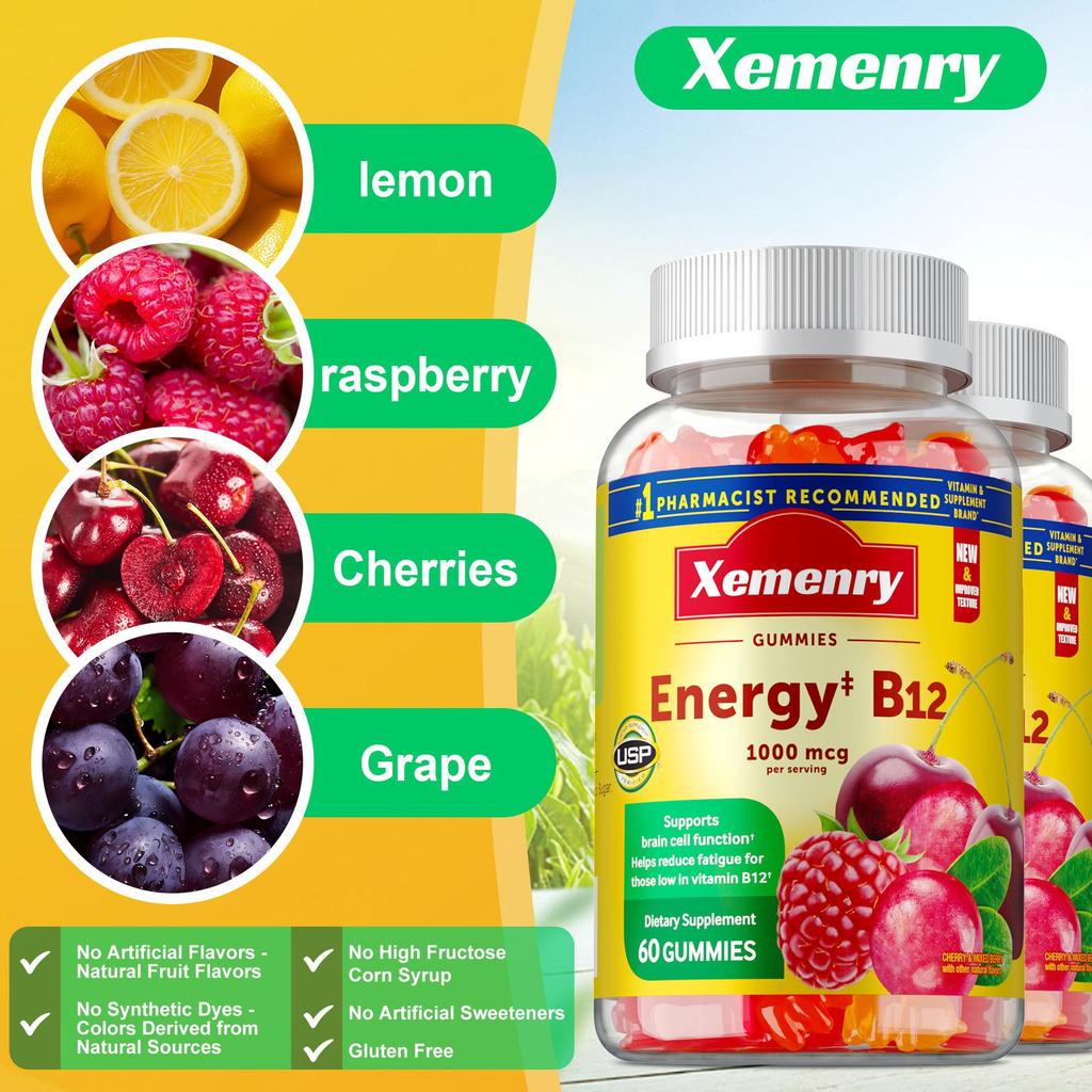 Pure Vitamin B12 Extract Gummies, 1000 micrograms per gummy, 100 gummy per pack, suitable for adults, non-GMO.