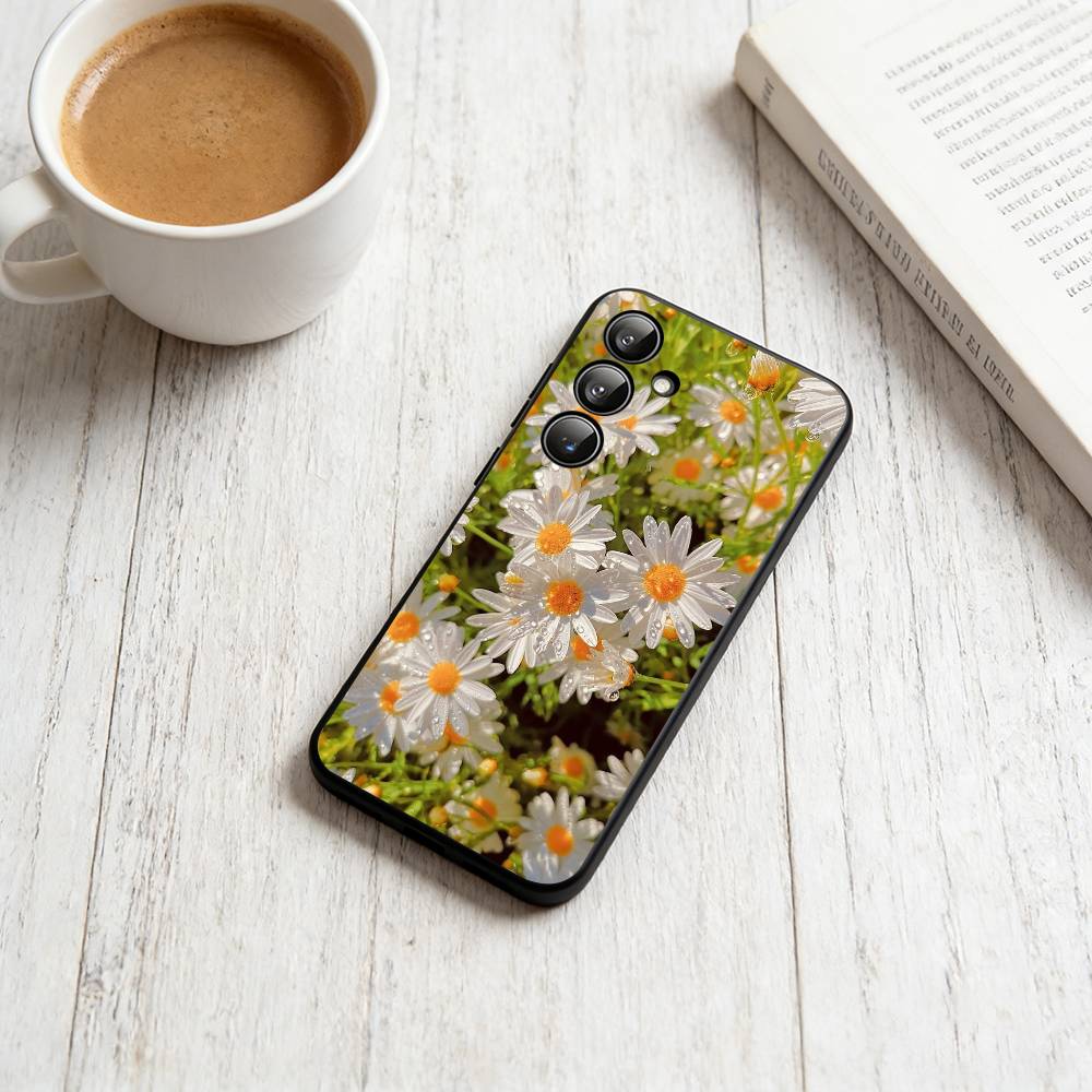 Чехол для телефона с ромашками для Samsung Galaxy A73, A72, A71, A70, A53, A52, A51, Другие Мягкий черный чехол