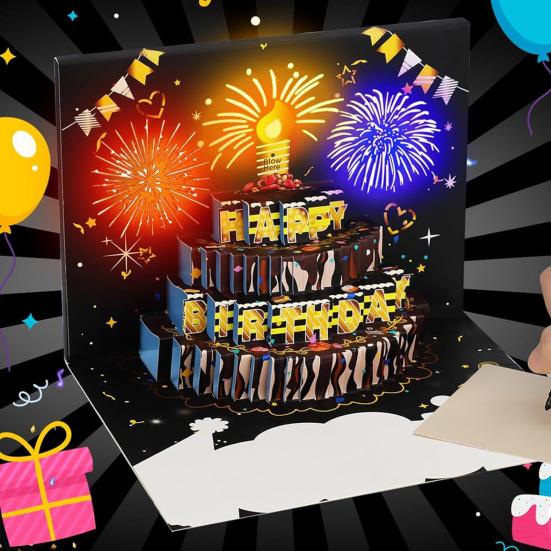 3D вылетающая открытка на день рождения Светящаяся музыкальная открытка с днем ​​рождения с дизайном торта Интерактивная открытка на день рождения