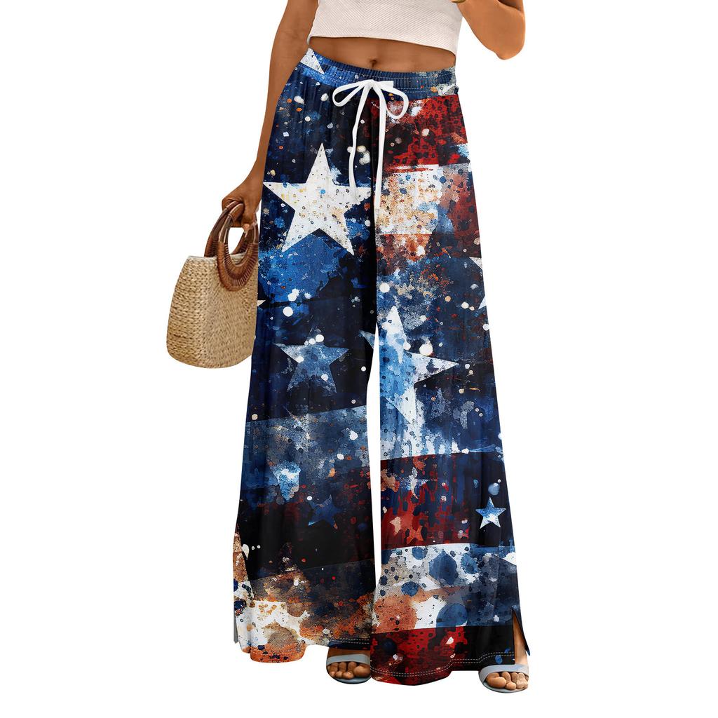 Женские летние брюки-палаццо в стиле бохо с высокой талией, широкие повседневные брюки с принтом и карманами