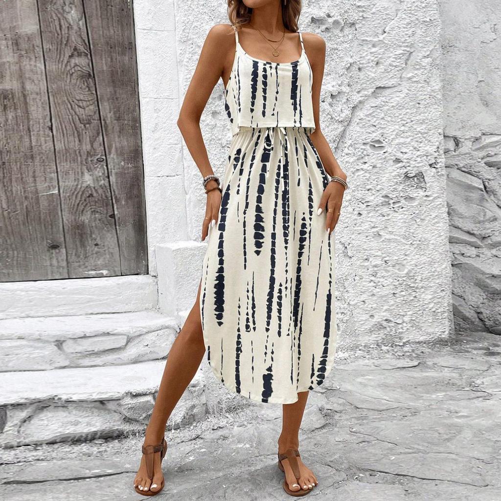 Women's Fashionable Retro Printed Camisole Waist Cinching Casual Dress