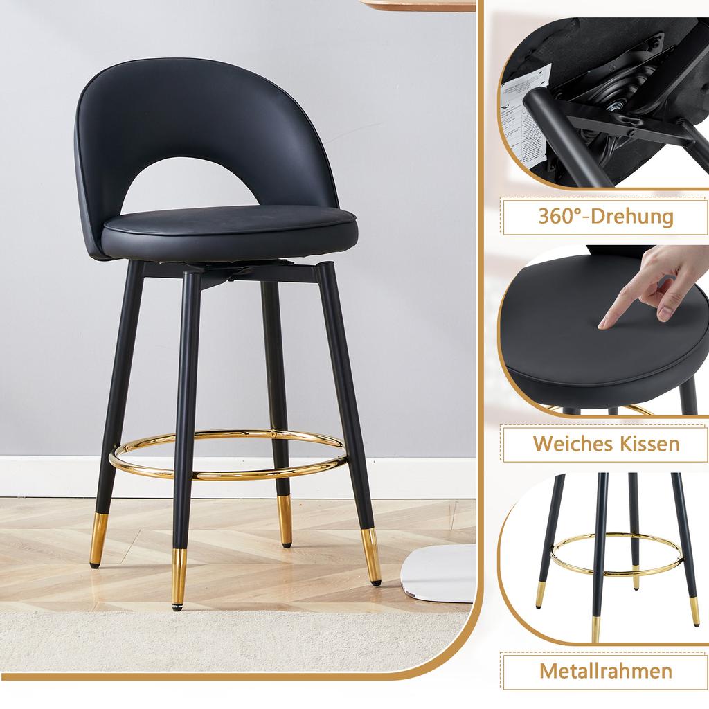 360 degrees swivel bar stool, entirely black, PU seat cushion, comfortable padded, suitable for bars, dining rooms, kitchens, patios