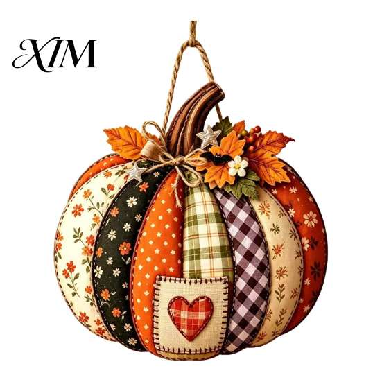 Entryway Decorative Craft Patchwork Pumpkin Wooden Door Hanger, Fall Harvest Halloween Sign Autumn Hanger with Maple Leaves Berries, Farmhouse