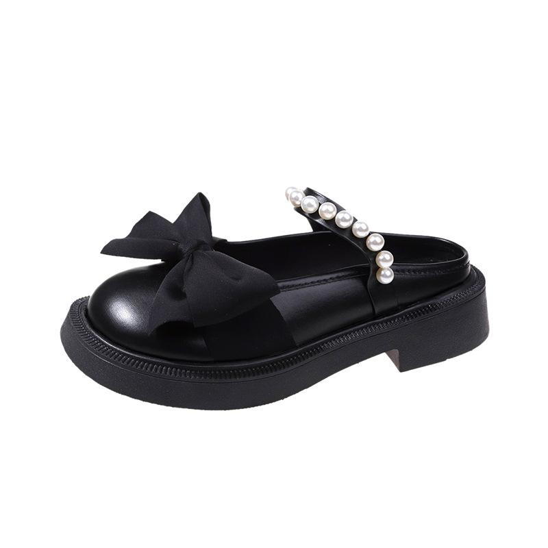 Мода 2024 Лето Новые женские туфли Модные тапочки с бантом на толстом каблуке для женщин Винтажные туфли в британском стиле с жемчугом для женщин