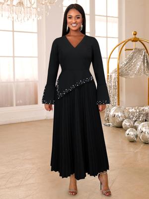 Черные длинные платья женские с V-образным вырезом, длинными расклешенными рукавами, с бисером, повседневные вечерние платья для мероприятий, плиссированные платья