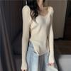 Versatile V-neck Base Sweater Knitted Sweater for Women In Autumn and Winter Design Sense Slit Slim Fit Sweater Top