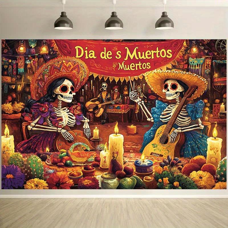 Vibrant Day of the Dead background banner - Mexican decoration skull musician marigold and candle patterns - polyester