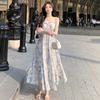 French Blue Oil Painting Long Dress Beach Dress Floral Sling Dress Women's Summer Fairy Style Casual Party Dress