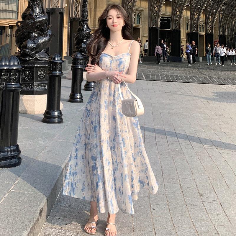 French Blue Oil Painting Long Dress Beach Dress Floral Sling Dress Women's Summer Fairy Style Casual Party Dress