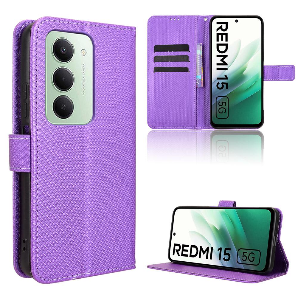 Для Xiaomi Redmi 15 5G (Глобальный) (169 мм) Кожаный чехол-портмоне с ремешком и ромбовидной текстурой для телефона